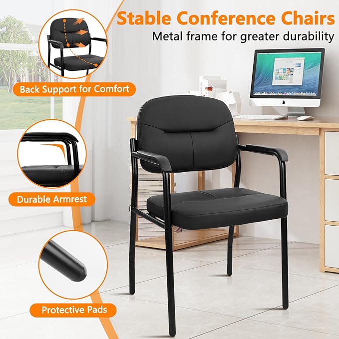 CLATINA Leather Guest Chair Sets of 2 Office Reception Chair No Wheels with Armrests and Lumber Support Ergonomic Desk Armchair for Meeting Waiting Conference Lobby Room Black