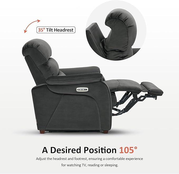 MCombo Power Zero Wall Hugger Recliner Chair for Small Space RV Living Room Power Recliner with Adjustable Headrest USB &amp USB-C Charging Ports Fabric ST257 (Dark Grey)