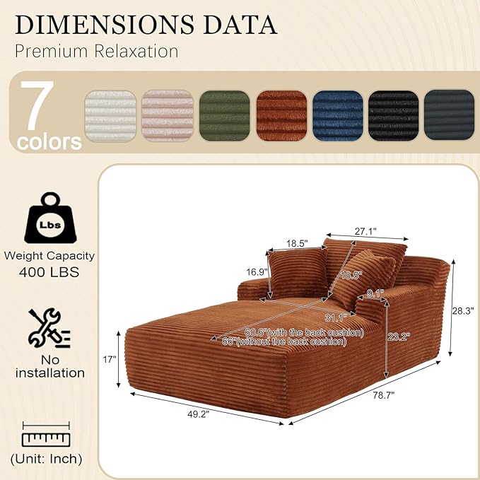 80 Inch Oversized Chaise Lounge Chair IndoorBoneless Corduroy Sofa Bed with Spring CushionDeep Seat Cloud Couch and Reading LoungerSoft Sleeper Sofa for Living RoomNo Assembly Required (Orange)