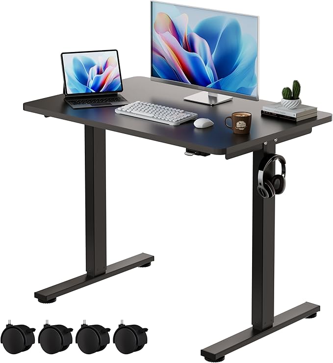Okin Electric Standing Desk 40 x 24 Inches Whole Piece Height Adjustable Desk Black Sit to Stand Desks Computer Workstation with Wheels for Home Office