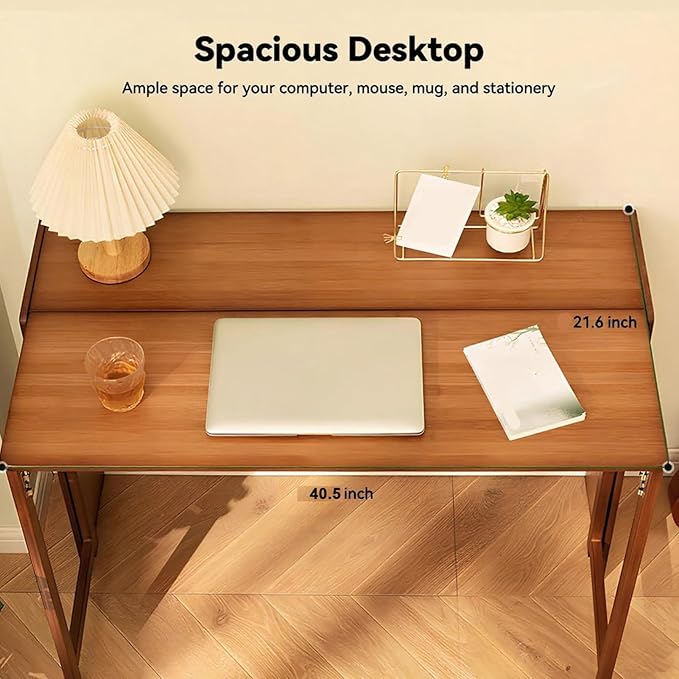 41'' Bamboo Folding Desk with Bookshelf – Space-Saving Computer Desk for Small Spaces Foldable Study Table Mid Century Modern for Home Office &amp Bedroom - Brown