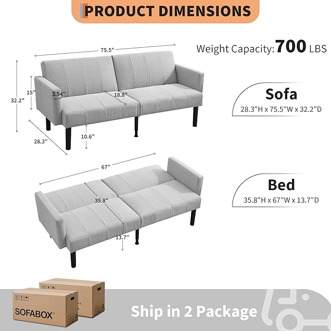 Garvee 75.5 Convertible Sofa Bed Vertical-Stripe Linen-Feel Fabric Sofa Features Sturdy Bed Legs Mid-Century Modern Folding Sofa Suitable for Living Rooms Bedrooms Dorms - Gray
