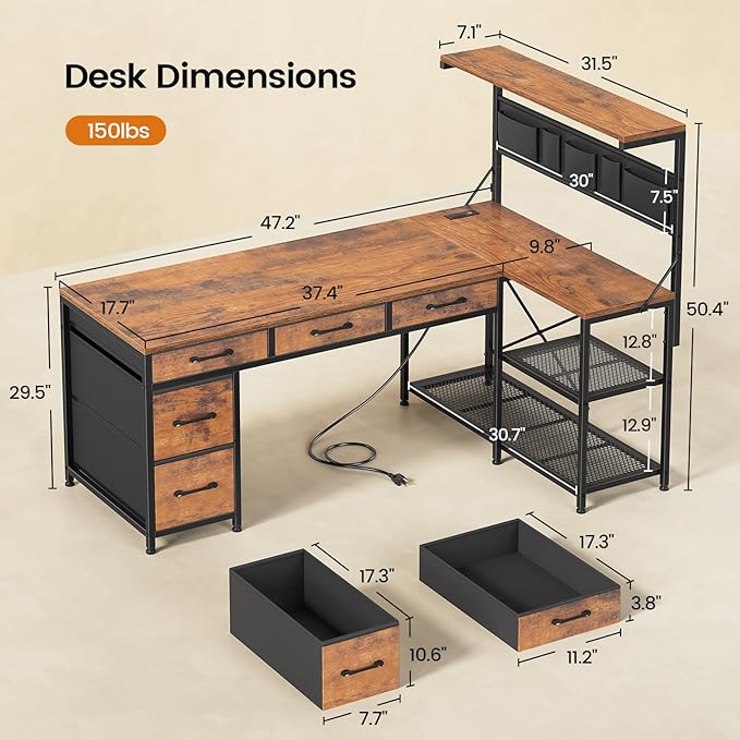 Itaar L Shaped Desk with 5 Drawers and Storage Shelves Reversible Computer Desk with Bookshelf for Home Office Corner Gaming Desk with LED Lights Power Outlets and Storage Bad Rustic Brown