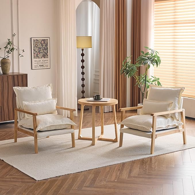 Karl home Midcentury Accent Chair for Living Room Chenille Upholstered Lounge Armchair with Lumbar Pillow Ruffle-Designed Cozy Reading Chair with Wood Legs Beige