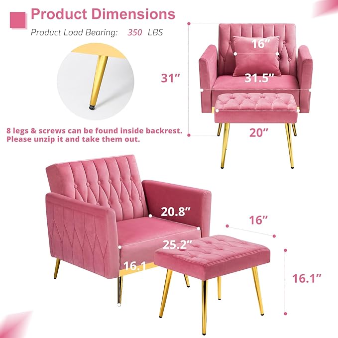 Velvet Accent Chair with Adjustable Armrests and Backrest Button Tufted Lounge Chair Single Recliner Armchair with Ottoman and Pillow for Living Room Bedroom Pink