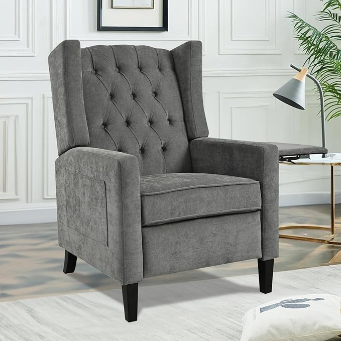 Manual Recliner Chair with Foldable Side Table USB Charger Wingback Tufted Wall Hugger Recliners for Small Spaces Living Room Bedroom Lazy Boy Style Recliner