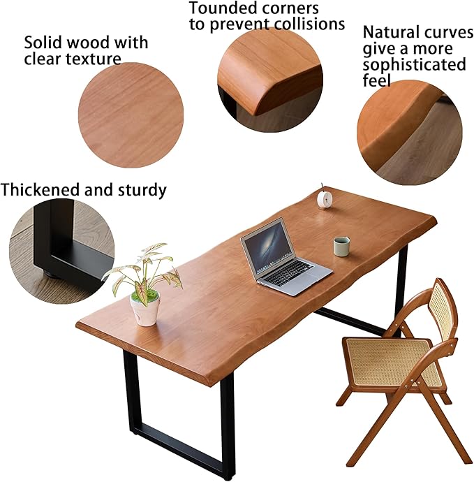 Solid Wood Office Desk with Metal Base Stylish Durable Multi-Size Options Executive Computer Desk or Dining Table Quality Solid Wood Design Perfect for Home Office or Work Environment (Tan55.12in)
