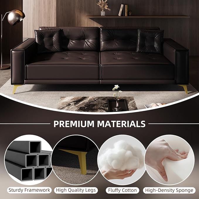 92.1 Chesterfield 3 Seater Pull Out Sofa Bed King Size with 2 Pillows and Golden Legs PU Leather 3-in-1 Convertible Sleeper Cloud Couch with Tufted Backrest Dark Brown