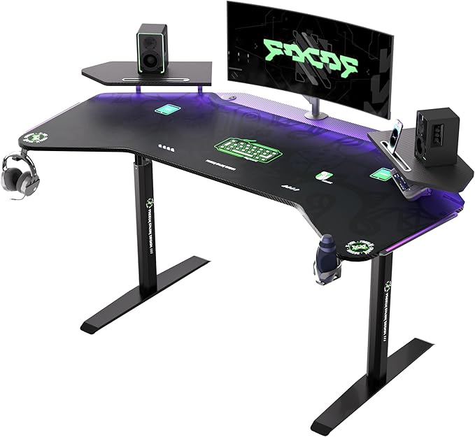 72 Standing Gaming Desk with Dual Motor Wing-Shaped Computer Desk with Full Coverage Mouse Pad Electric Height Adjustable Standing Desk with RGB LED Lights and Slot Design Shelves