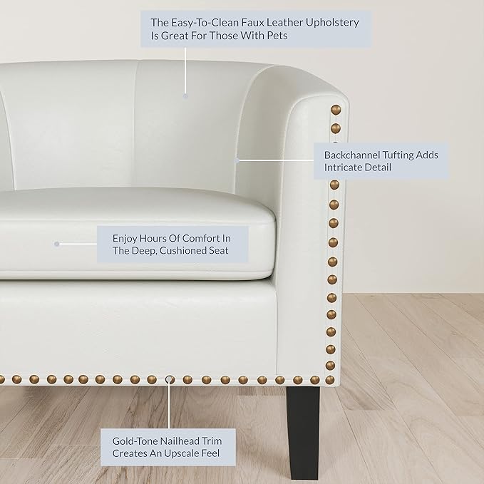 BELLEZE Accent Barrel Chair Modern Tub Club Chair Upholstered Armchair for Living Room Faux Leather Chair with Gold Nail Head Trim Black Legs - Kyara (White)