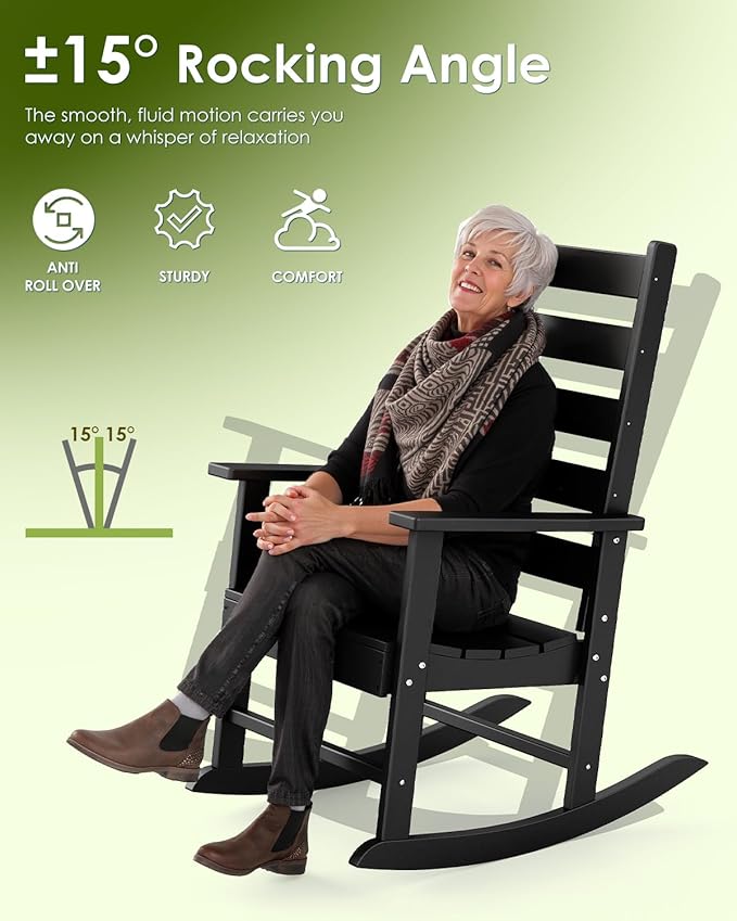 GREENVINES Outdoor-Rocking-Chair | HDPE Plastic | Patio Rockers | Porch Rocker Chairs | Shaker | Oversized | High Ladder Back | Big &amp Tall | PentaLuxe | Black