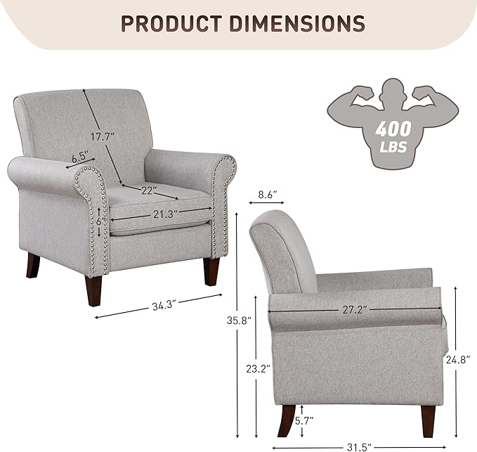 Prilinex Upholstered Living Room Chair Set of 4 - Large Comfy Fabric Accent Chair Single Sofa with Cushion Rolled Armrest &amp Nailhead Trim Mid Century Modern Armchair for Bedroom Office Grey
