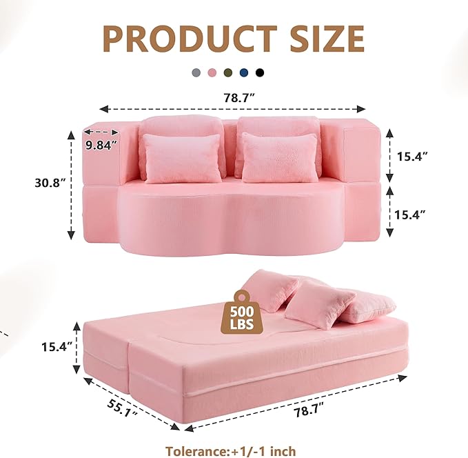 2-in-1 Folding Sofa Bed with Pillow No Assembly Futon Twin Size Sofa Bed Breathable Velvet Convertible Couch Bed for Living Room and Guest Room 78.7 Inch Pink