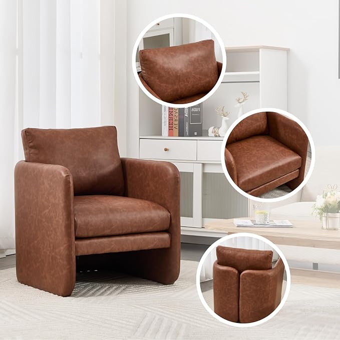 Modern Accent Barrel Chair Single Sofa Chair with Removable Back Pillow Comfy Pu Leather Upholstered Reading Accent Chair Lounge Armchair for Bedroom Living Room Brown