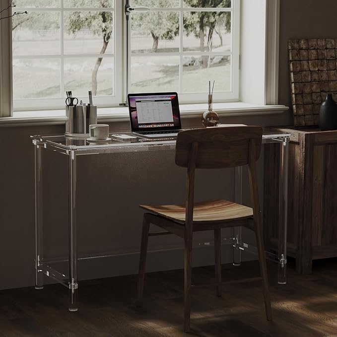 HMYHUM Acrylic Computer Desk 47 Inch Clear Home Office Desk for Laptop Study Writing Vanity Table with Cylindrical Legs Modern Easy Assembly