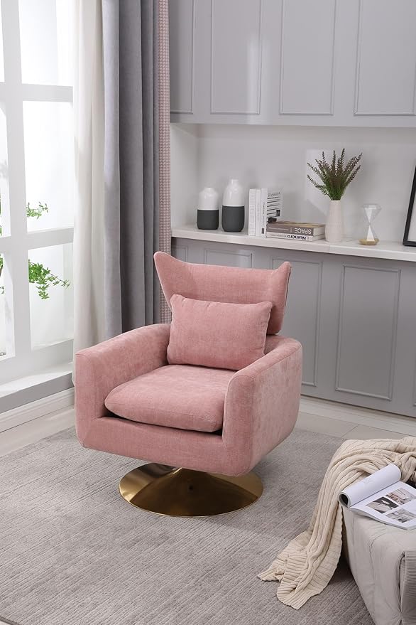 Pink Swivel Accent Chairs for Living Room Mid Century Modern Accent Chair with Arms Comfy Side Chairs for Living Room with Gold Base &amp Lumbar Pillow Upholstered Armchair with Wingback