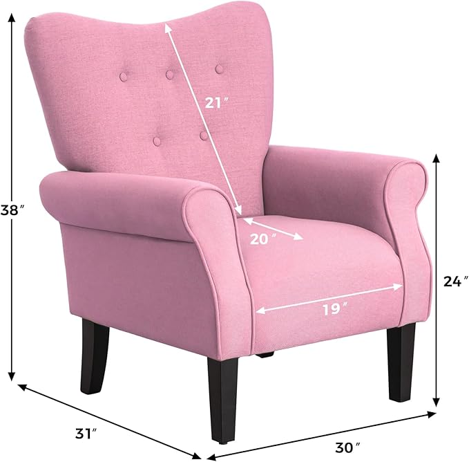 MELLCOM Mid Century Wingback Arm ChairModern Upholstered Fabric High Back Accent Chair with Wood LegsUpholstered Single Sofa Club Chair for Living Room Bedroom Home Office Light Pink
