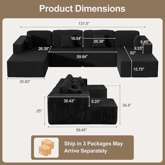 132 U Shaped Modular Sectional Sofa with Double Chaise Oversized Corduroy Floor Couch Deep Seat Frameless Living Room Set No Assembly Classic Black