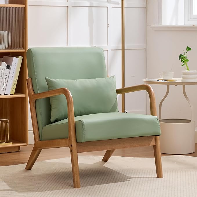 Mid Century Modern PU Leather Accent Chair Living Room Chairs with Lumbar Pillow Boho Arm Chiar Reading Chair with Solid Wood Frame for Living Room Bedroom