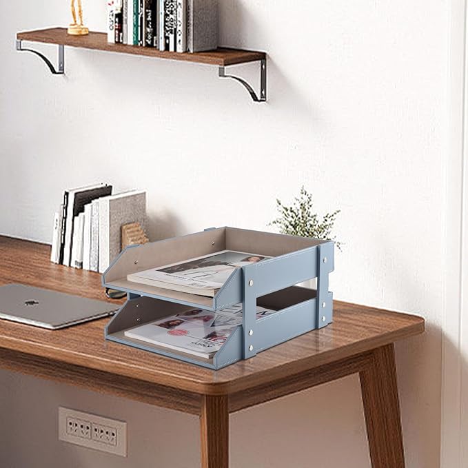 Leather Desk Letter TrayOffice Supplies Paper Organizer for Mail Paper Files Magazines Jewelry CosmeticsFashion Letter Holder&amp 2-Tier Multipurpos Stackable Office Desktop Storage BoxGrey