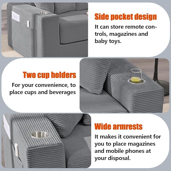 Anwick 2-in-1 Convertible Sleeper Sofa Bed Corduroy Boneless Loveseat Cloud Couch for Living Room Compressed Sofa in a Box 5 Pillows Fixed Frames Side Pockets &amp Cup Holders No Assembly (Gray