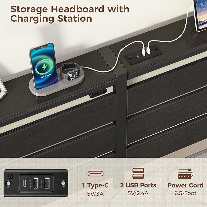 Rolanstar Bed Frame Twin Size with USB Charging Station LED Bed Frame with Wood Storage Headboard Black Metal Platform Bed with Under Bed Storage No Box Spring Needed Noise Free