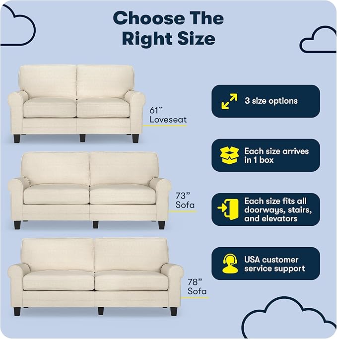 Serta Copenhagen 73 Rolled Arm Sofa Easy Care Polyester Soft Pillow Back Pocket Coil Seat Cushions Removable Covers Loveseat or Couch for Small Spaces Living Rooms or Bedrooms Buttercream