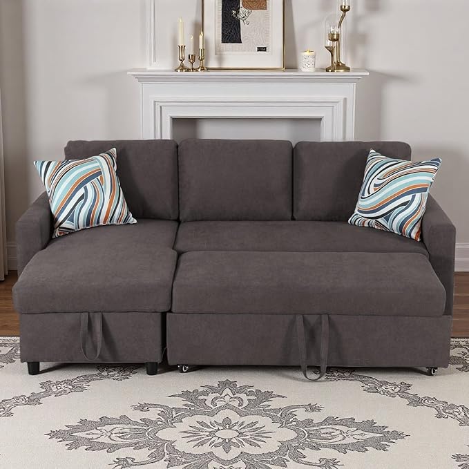 83 Inch Pull Out Couch Convertible Sofa Bed for Living Room Comfortable Sleeper Sofa with Pull Out Bed Modern Sectional Couches with Storage Chaise Easy Assembly for Apartment Dark Brown