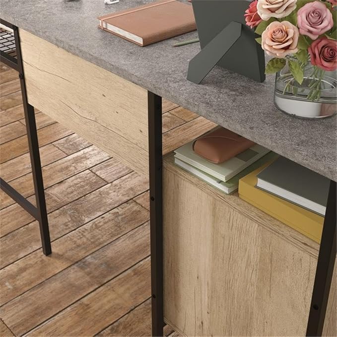 Pemberly Row L-Shaped Engineered Wood and Metal Desk Prime Oak Finish 55.91 in x 57.64 in x 30.59 in Storage Drawers Open Shelves Wire Mesh Shelf Home Office Computer Desk