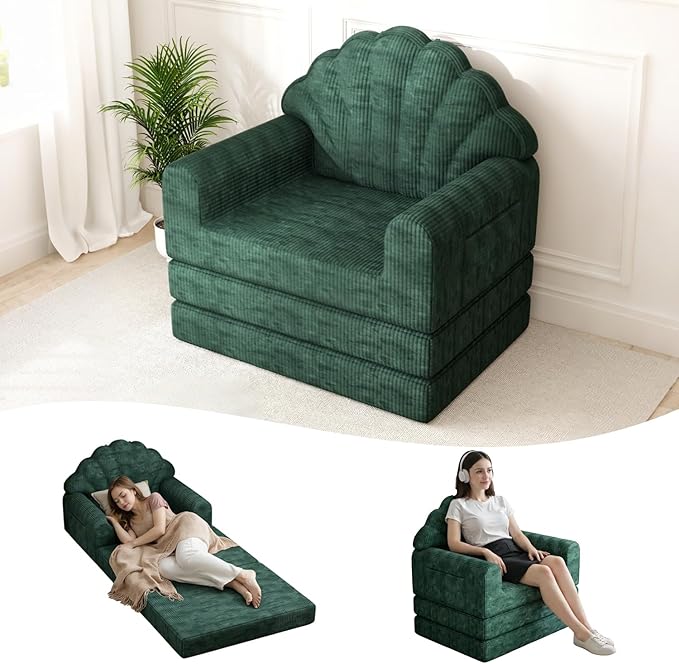 2-in-1 Folding Sofa Bed with Back Support 75 D x 34 W Convertible Futon Sleeper Chair for Adult Fold Out Bean Bag Floor Foam Lounger Couch for Living Room Bedroom Small Space Olive Green