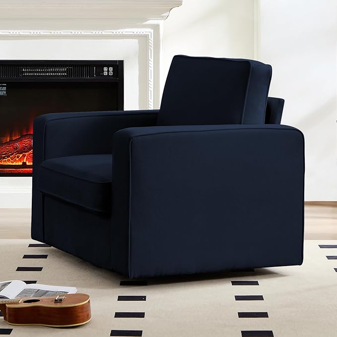 PUREMIND 360° Swivel Accent Chair Wide Upholstered Arm Chair with Wide Armrests Modern Square Sofa Living Room Chair for Bedroom Corner Reading Blue