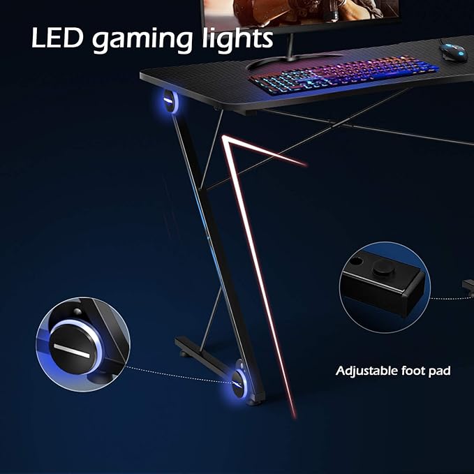 POWERSTONE Gaming Desk with Led Light - Z Shaped 43.5 inch Gaming Computer Desk Pc Gaming Table Home Office Desk Gamer Workstation with Carbon Fiber Surface