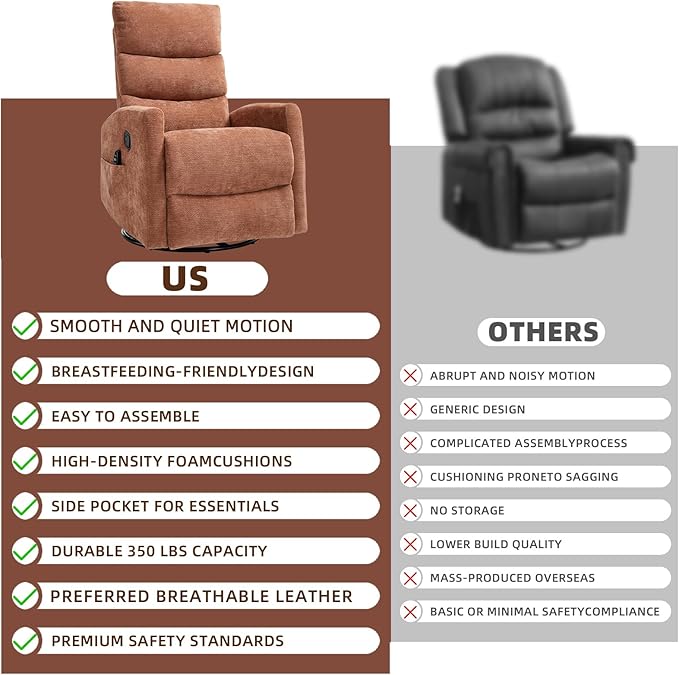 PELUMY 360° Swivel Rocker Recliner with Heat &amp Vibration Massage Glider Rocking Chair for Adults Compact Recliner for Living Room Small Spaces Nursery Bedroom (Chenille Orange)
