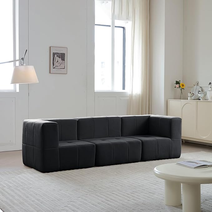 Modular Sectional Sofa Couch Modern Compressed Sofa 3-Seat Foam Couch for Living Room Apartment Studio Office (Black)