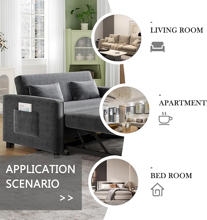 55.51 Sleeper Sofa BedPull Out Couch with Side Pockets3 in 1 Corduroy Fabric Loveseat Sleeper SofaPull Out Sofa Bed with Adjustable Backrest for Living Room Bedroom Apartment（Gray）