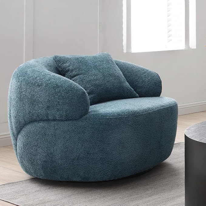 WILLIAMSPACE Swivel Accent Sofa Chair Round Back Boucle Barrel Chair with Pillow Modern Leisure Arm Chair for Hotel Living Room Bedroom Office (Navy Blue)