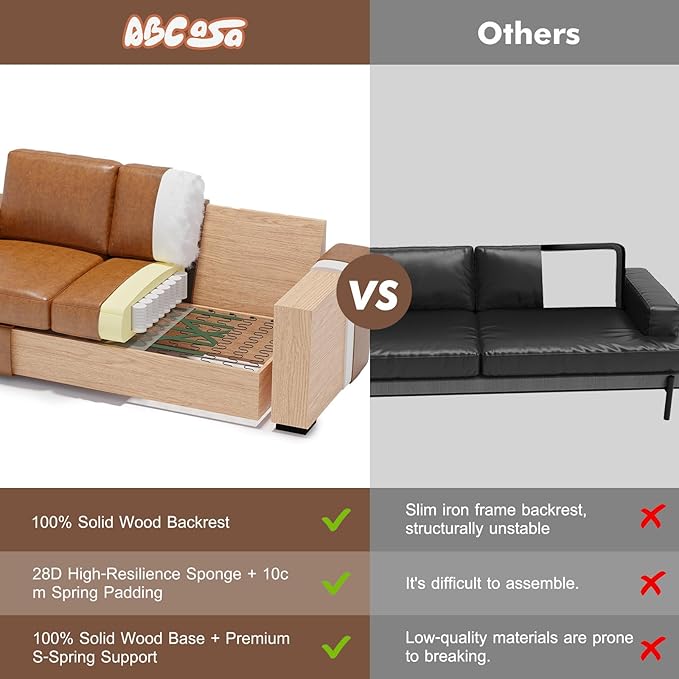ABCASA 85 Faux Leather Couch with Padded Cushions Mid-Century Modern Sofa with Extra Deep Seats 3-Seater Sofa Couch for Living Room Apartment Lounge Brown