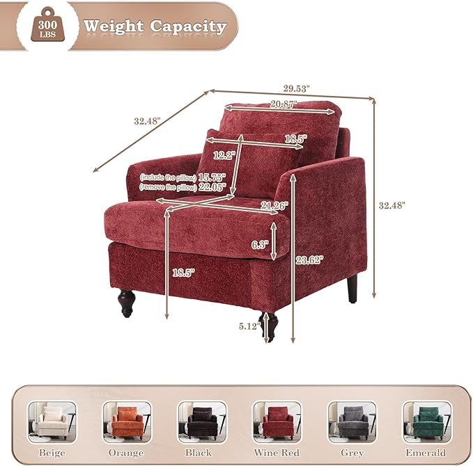 KINFFICT Modern Accent Chair for Living Room Upholstered Single Sofa Chair with Lumbar Pillow Comfy Armchair with Thickened Cushion Living Room Chairs for Bedroom Office Red Chenille