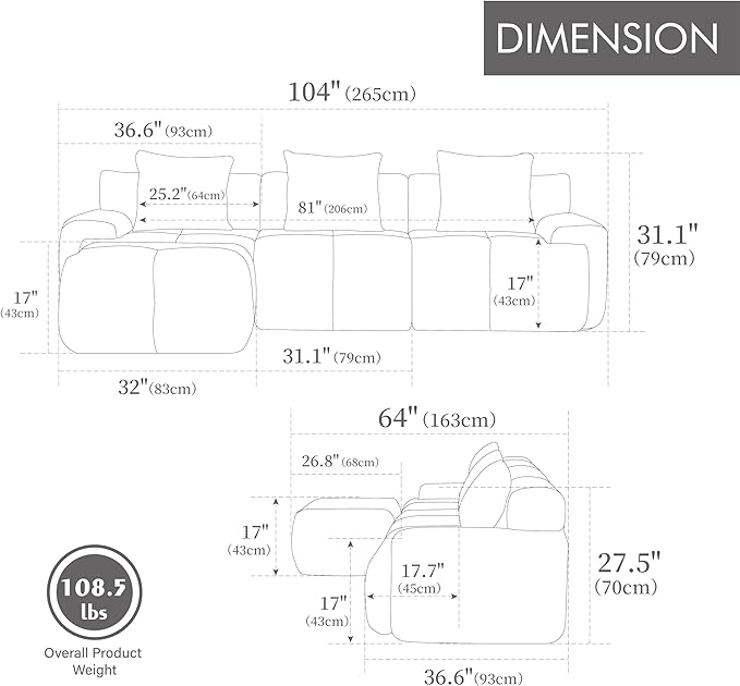 104.3 Modular Sectional SofaModern L-Shaped Couch with Movable Ottoman &amp Deep SeatFuzzy FabricNo AssemblyBoneless Couch for Living Room