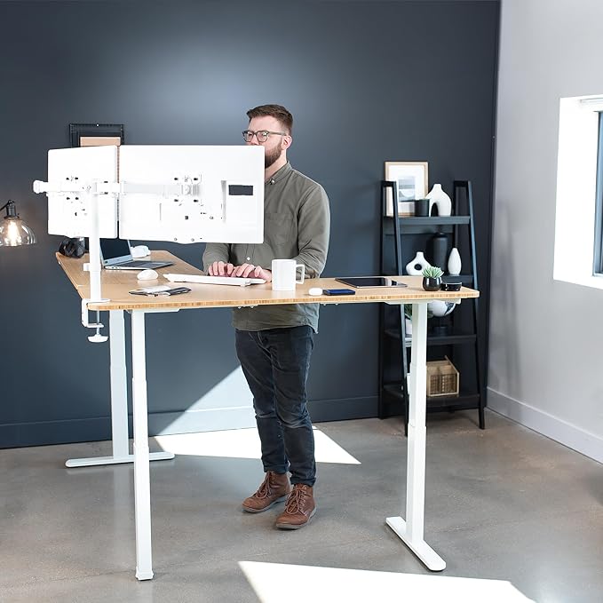 VIVO Electric Height Adjustable 83 x 60 inch Corner Stand Up Desk 2 Solid Bamboo Table Tops White Frame Memory Controller L-Shaped Workstation 3E Series DESK-KIT-3E8WO