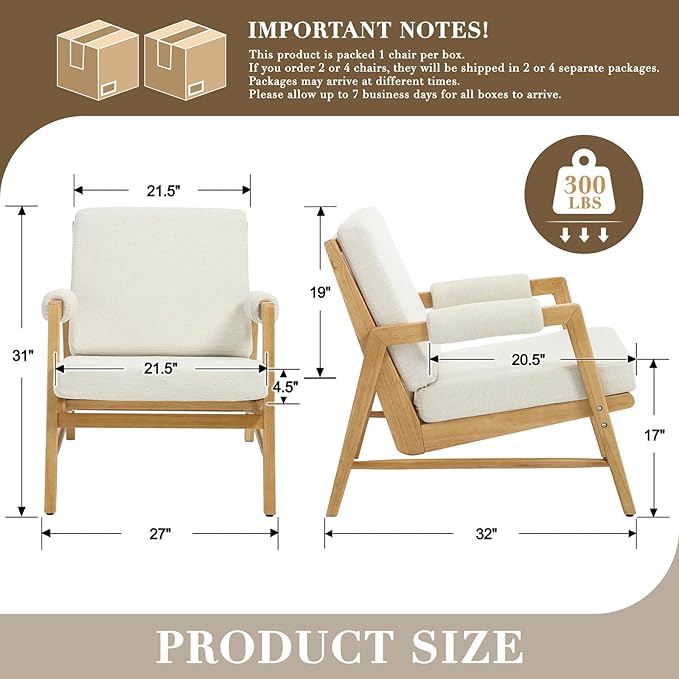 HEAH-YO Modern Accent Chair Upholstered Linen Fabric Living Room Chair with Wooden Frame Comfy Armchair with Thick Cushion for Bedroom Balcony Beige