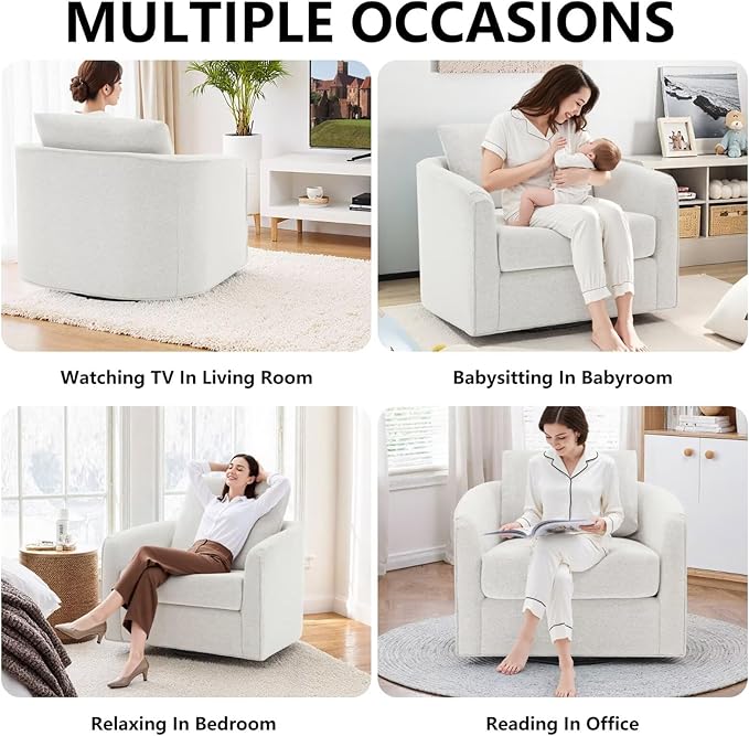 MINCETA Oversized Accent Chair for Living Room 360° Swivel Barrel Chair with High Density Foam Modern Reading Chair with Performance Fabric Upholstered Armchair for Apartment Bedroom White