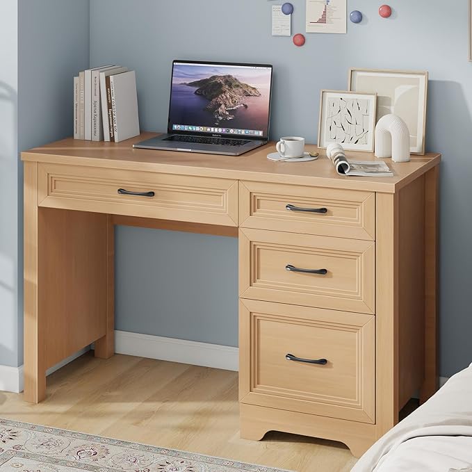 Farmhouse Executive Desk with Drawers Wood Computer Desk with Ample File Drawer Rustic Home Office Desk with Storage for Bedroom Living Room Natural