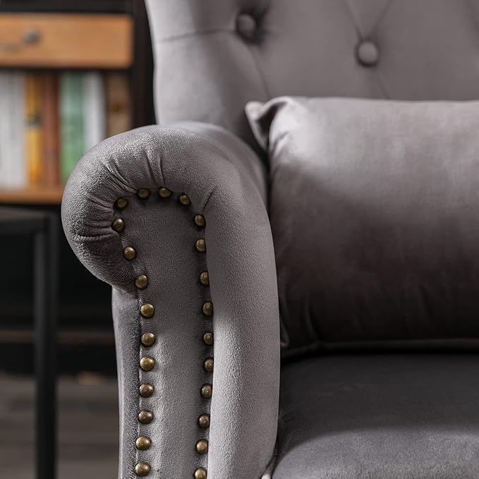 Accent Reading Arm Chairs Set of 2 for Living Room Bedroom Midcentury Modern Comfy Corner Sofa Chair Wingback Waiting Room Club Chair with Button Tufted Back &ampLumbar Pillow Velvet Grey