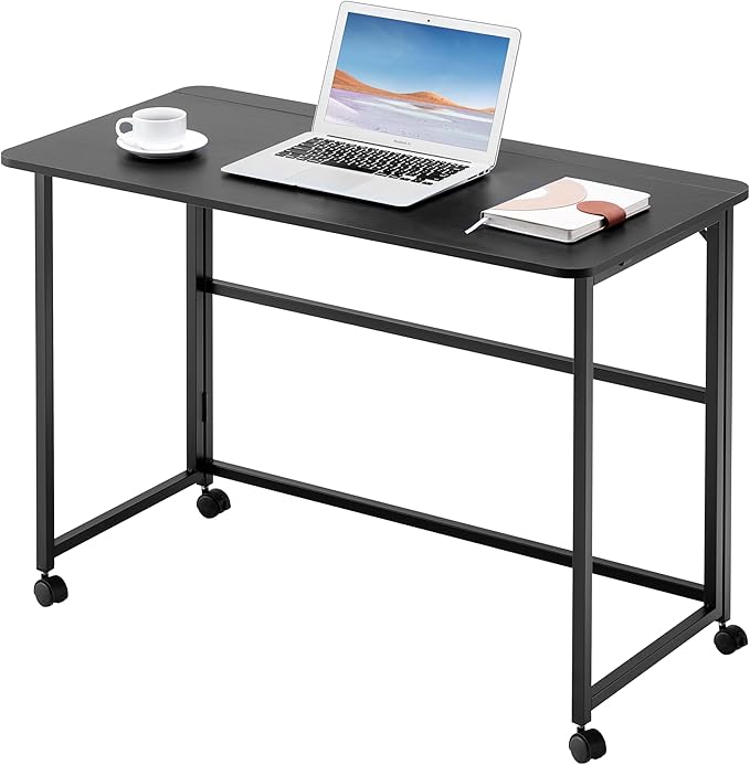 Folding Computer Desk with Wheels Small Writing Foldable Desk 39.37 Space-Saving Laptop Table Easy Assemble Workstation for Home OfficeBlack