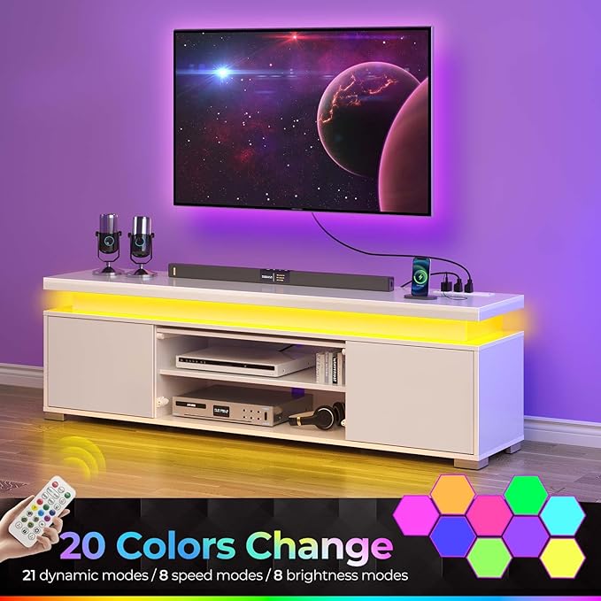 Rolanstar TV Stand with LED Lights &amp Power Outlet Modern Entertainment Center for 32/43/50/55/65 Inchs TVs Table Universal Gaming Media Stand Storage Cabinet and Large Storage White