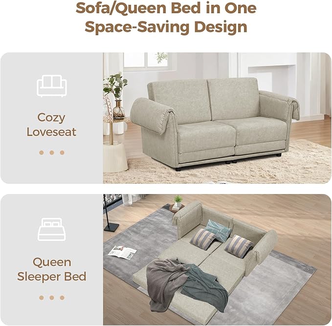FHFO Loveseat Sleeper Sofa Convertible Couch Bed Loveset Small Couchs for Small Spaces 3 in 1 Pull Out Sofa Bed Modern 65 Comfy Futon Sofa Bed Queen for Living Room Bedroom Apartment (Beige)