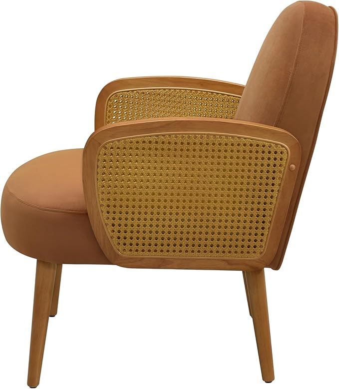 Mid Century Accent Chair with Rattan Armrests Wooden Legs for Living Room Reading Bedroom Balcony Brown
