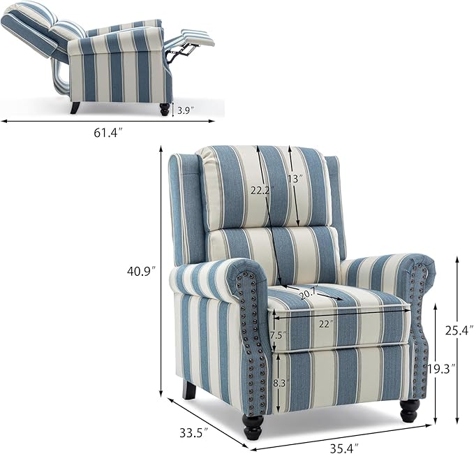 Wingback Recliner Chairs Set of 2 Upholstered Pushback Recliner Chair Comfy Fabric Armchair Push Back Recliner with Wood Legs Rivet Trim Accent Chair for Living Room Bedroom Navy Stripe