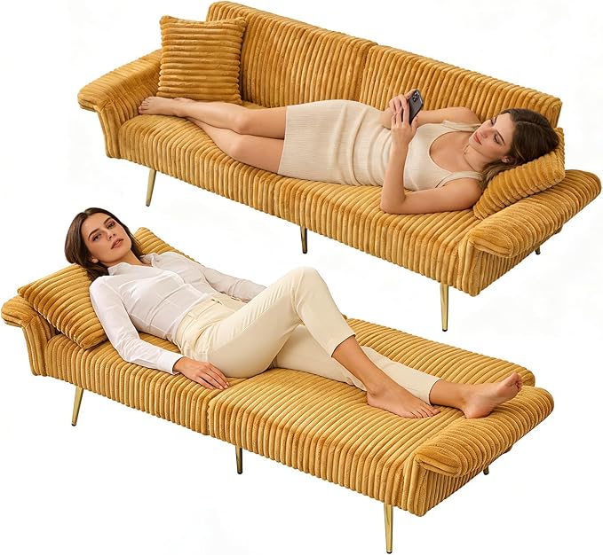 Rovibek Futon Loveseat Sofa Bed Modern Corduroy Futon Couch with Adjustable Backrest 2 Pillows Convertible Futon Sofa for Small Spaces Living Room Apartment Guest Room Yellow